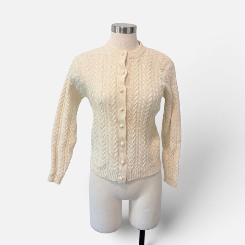 Vintage Custom Classics Wool Cardigan Sweater Grandpa Off White Cream Small Cabl